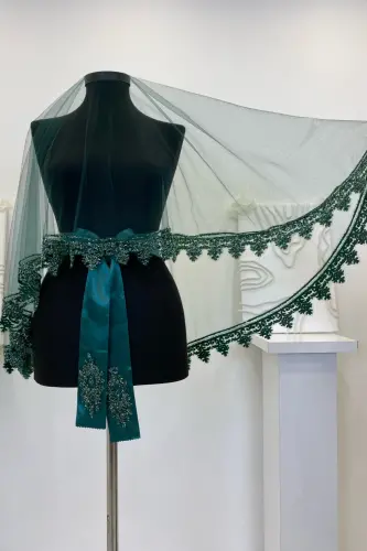 Zümrüt Yeşili Gelin Duvak Seti, Cam Boncuk ve Pul Baskılı Kına Duvağı Seti 6 Parça-Yeşil - 6