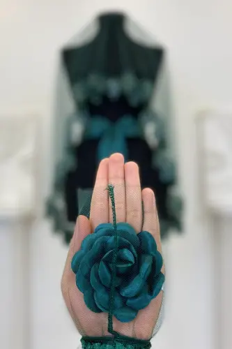 Zümrüt Yeşili Gelin Duvak Seti, Cam Boncuk ve Pul Baskılı Kına Duvağı Seti 6 Parça-Yeşil - 8