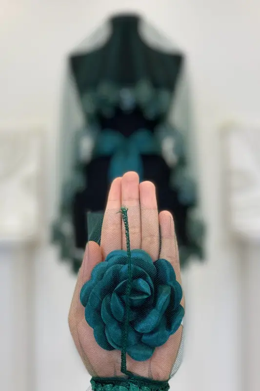 Zümrüt Yeşili Gelin Duvak Seti, Cam Boncuk ve Pul Baskılı Kına Duvağı Seti 6 Parça-Yeşil - 8