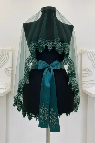 Zümrüt Yeşili Gelin Duvak Seti, Cam Boncuk ve Pul Baskılı Kına Duvağı Seti 6 Parça-Yeşil - 3