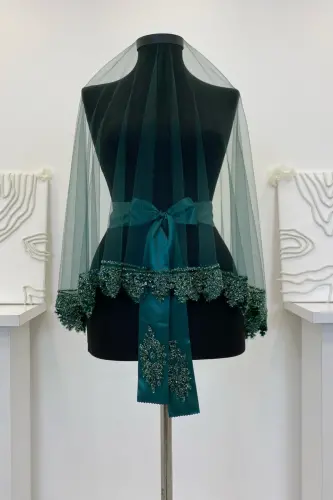 Zümrüt Yeşili Gelin Duvak Seti, Cam Boncuk ve Pul Baskılı Kına Duvağı Seti 6 Parça-Yeşil - 5