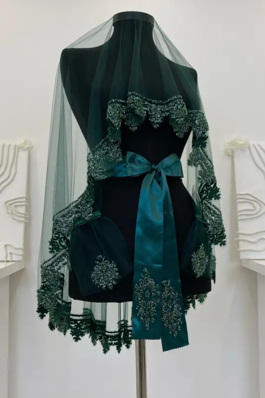 Zümrüt Yeşili Gelin Duvak Seti, Cam Boncuk ve Pul Baskılı Kına Duvağı Seti 6 Parça-Yeşil - ZEYMERADE