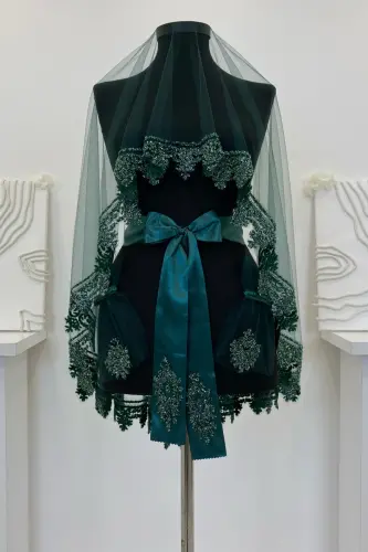 Zümrüt Yeşili Gelin Duvak Seti, Cam Boncuk ve Pul Baskılı Kına Duvağı Seti 6 Parça-Yeşil - ZEYMERADE (1)