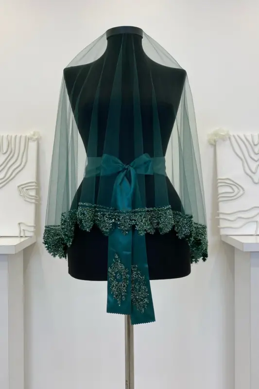 Zümrüt Yeşili Gelin Duvak Seti, Cam Boncuk ve Pul Baskılı Kına Duvağı Seti 6 Parça-Yeşil - 5