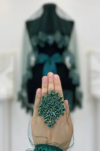 Zümrüt Yeşili Gelin Duvak Seti, Cam Boncuk ve Pul Baskılı Kına Duvağı Seti 6 Parça-Yeşil - 7