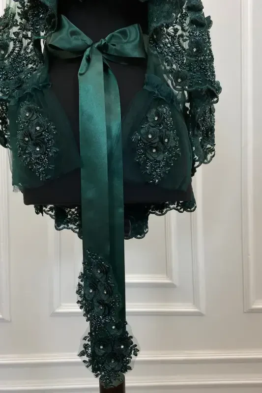 Zümrüt Yeşili Gelin Duvak Seti, Kına Duvağı, Vip Model-Zümrüt Yeşili - 5