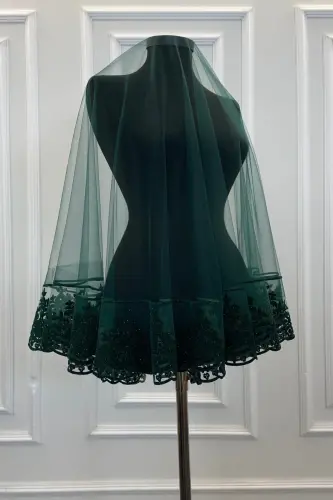 Zümrüt Yeşili Simli Gelin Duvak Seti, Kına Duvağı Örtüsü-Zümrüt Yeşili - 1