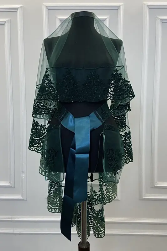 Zümrüt Yeşili Simli Gelin Duvak Seti, Kına Duvağı Örtüsü-Zümrüt Yeşili - 3