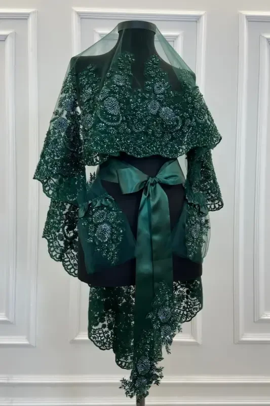 Zümrüt Yeşili Vıp Deluxe Gelin Duvağı Seti-Zümrüt Yeşili - ZEYMERADE