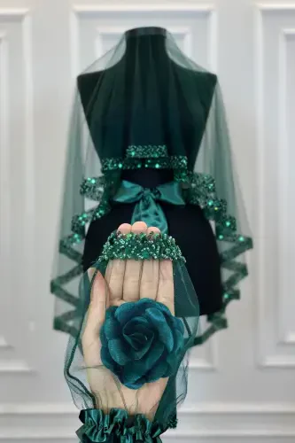 Zümrüt Yeşili Zarif Gelin Duvak Seti, Su Taşlı Kına Duvağı Seti 6 Parça-Zümrüt Yeşili - 4