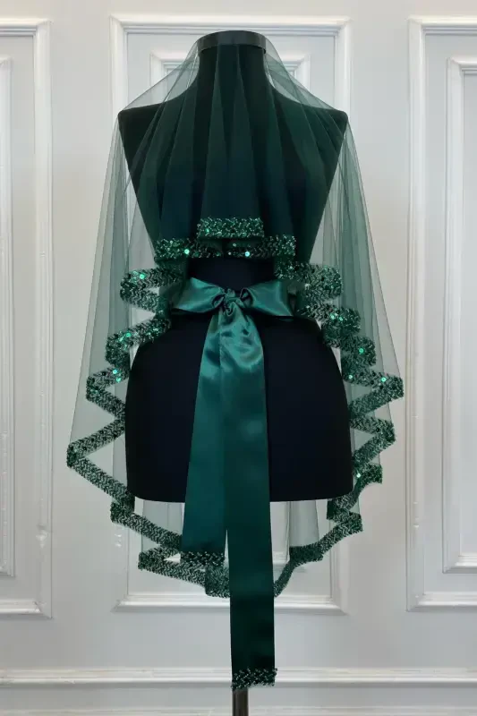 Zümrüt Yeşili Zarif Gelin Duvak Seti, Su Taşlı Kına Duvağı Seti 6 Parça-Zümrüt Yeşili - 6