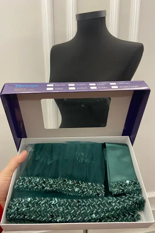 Zümrüt Yeşili Zarif Gelin Duvak Seti, Su Taşlı Kına Duvağı Seti 6 Parça-Zümrüt Yeşili - 8