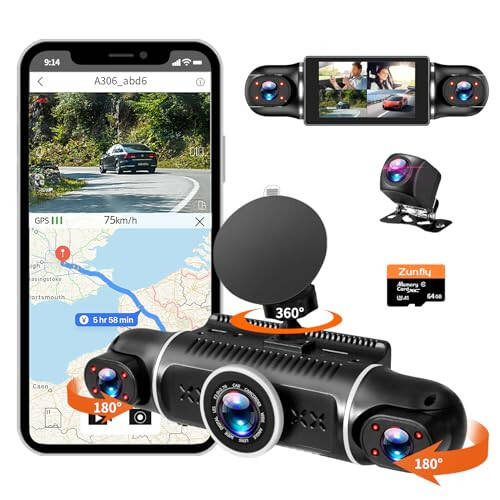 Zunfly 4 Kanal Dash Cam, 360 Dash Kamera FHD 1080P x 4 Dash Cam Oldin va Orqa, 2K Oldin +1080P Ichki * 2 Avtomobil Kamerasi 64GB Karta bilan, O'rnatilgan WiFi GPS, Loop Yozuvi, WDR, Tungi Ko'rish - 1