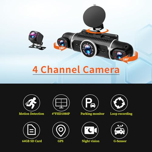 Zunfly 4 Kanallı Dash Cam, 360 Derece Dash Kamera FHD 1080P x 4 Önde ve Arkada Dash Cam, 2K Ön +1080P İç * 2 Araba Kamerası 64GB Kart ile, Dahili WiFi GPS, Döngü Kaydı, WDR, Gece Görüşü - 2