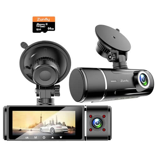 Zunfly Ikkita Dash Cam Oldingi va Ichki, 64GB SD Karta ega, FHD 1080P Avtomobil Dash Kamerasi, 3.16'' IPS Ekran, Tsiklik Yozuv, Kechasi Ko'rish, WDR, To'xtash Rejimi, Haydovchilar uchun Avtomobil Kamerasi S1 Pro - 1