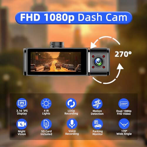 Zunfly Ikkita Dash Cam Oldingi va Ichki, 64GB SD Karta ega, FHD 1080P Avtomobil Dash Kamerasi, 3.16'' IPS Ekran, Tsiklik Yozuv, Kechasi Ko'rish, WDR, To'xtash Rejimi, Haydovchilar uchun Avtomobil Kamerasi S1 Pro - 2