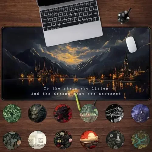 Starry Night Mountain Desk Pad Mat Moon Oil Painting XXL Black Mouse Pad for Gaming Deskpad, Aesthetic Moon and Stars Mousepad Xxl for Laptop Computer Mouse Game Keyboard Mat, 31.5 X 15.8 In - 2