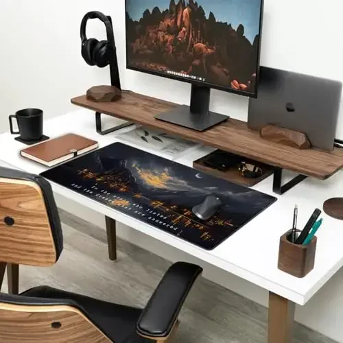 Starry Night Mountain Desk Pad Mat Moon Oil Painting XXL Black Mouse Pad for Gaming Deskpad, Aesthetic Moon and Stars Mousepad Xxl for Laptop Computer Mouse Game Keyboard Mat, 31.5 X 15.8 In - 3