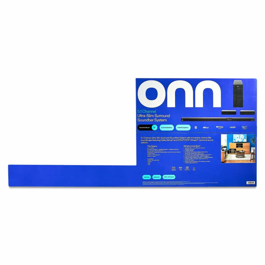 Звуковая панель onn 5.1 сверхтонкая модель с системой объемного звучания и поддержкой Dolby Atmos, беспроводной сабвуфер и беспроводные спутниковые динамики, 36