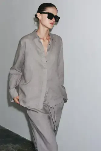 ZW COLLECTION %100 LINEN SHIRT-Light gray - 1