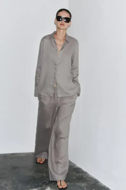 ZW COLLECTION %100 LINEN SHIRT-Light gray - 2