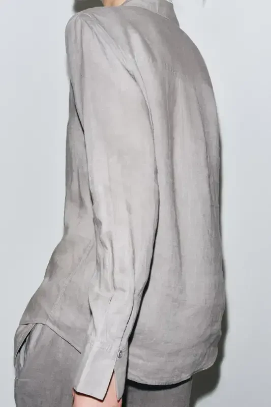 ZW COLLECTION %100 LINEN SHIRT-Light gray - 3