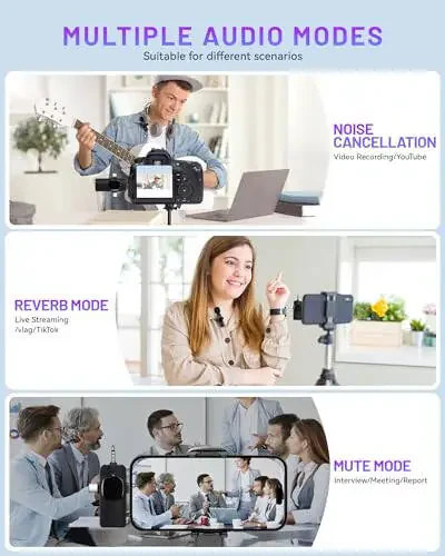 Zyerch 2024 3 ta 1 da simsiz lavalier mikrofonlar iPhone, iPad, Android, kamera uchun, 7 soatlik batareya, video yozib olish, vlog, YouTube, TikTok uchun shovqinni kamaytiruvchi mini mikrofon - 4