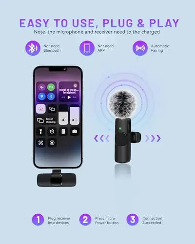 Zyerch 𝟮𝟬𝟮𝟰 Professional Wireless Lavalier Microphone for iPhone iPad, Wireless Microphone- 2 Pack Noise Canceling Crystal Clear Recording with USB-C, Live Streaming, YouTube, TikTok - 3