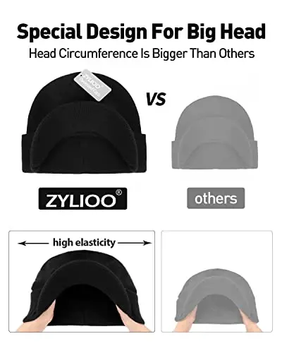 Zylioo Oversize Beanie Hats for Men Women,XXL Big Size Ribbed Cuffed Knit Skull Cap,Warm Winter Watch Cap for Cold Weather - 4