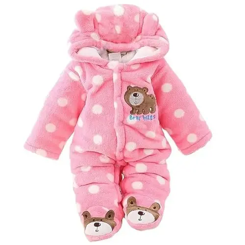ZYXKTA Baby Snowsuit Infant Winter Cozy Fleece Jumpsuit Cute Bear Hooded Footies Toddler Girls Boys Thicken Soft Outfit - 1