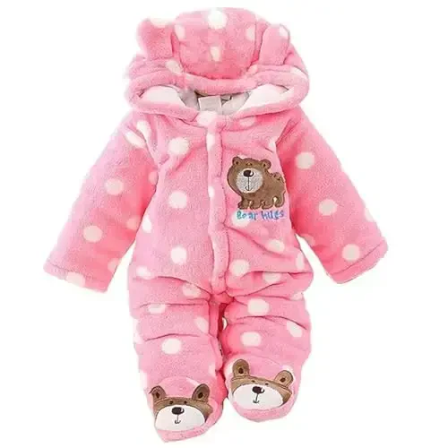 ZYXKTA Baby Snowsuit Infant Winter Cozy Fleece Jumpsuit Cute Bear Hooded Footies Toddler Girls Boys Thicken Soft Outfit - 1