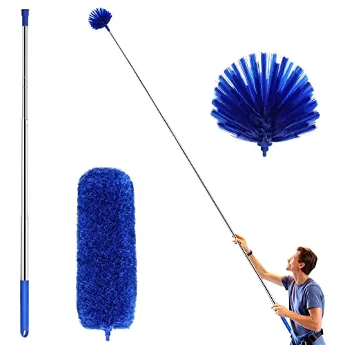 ZZ LAZYCOTTAGE Cobweb Duster with Extension Pole, Washable Cleaning Duster Kit with 2 Duster Heads, Cobweb Duster, Corner Brush, Aluminum Telescoping Pole for Ceiling Fan (Blue) - 1